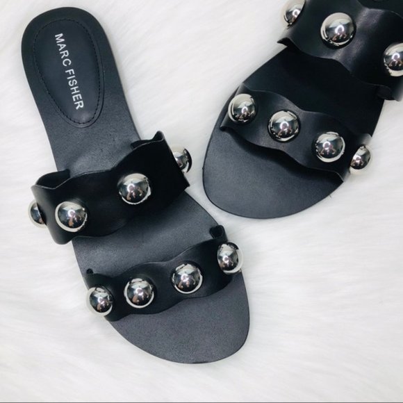 New MARC FISHER Bocci Ball Studded Strap Sandal Slides Black Silver Sz 7 - Picture 3 of 7